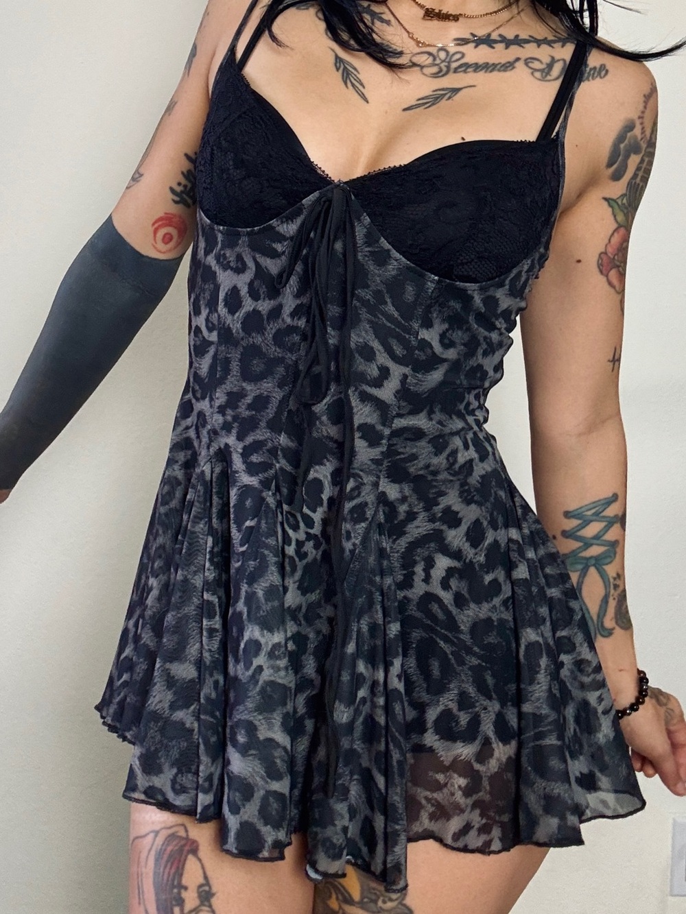 Black & Gray Leopard Mesh Slip Dress SHEIN small